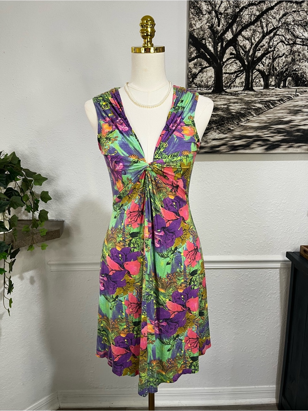 Y2K Venus Large Knot-Front Floral Sleeveless Dress in Green and Purple